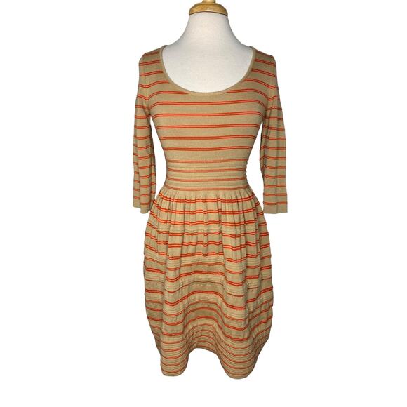 KNITTED & KNOTTED Anthropologie Elodie Tan Orange Stripe Sweater Dress Large - Picture 1 of 11